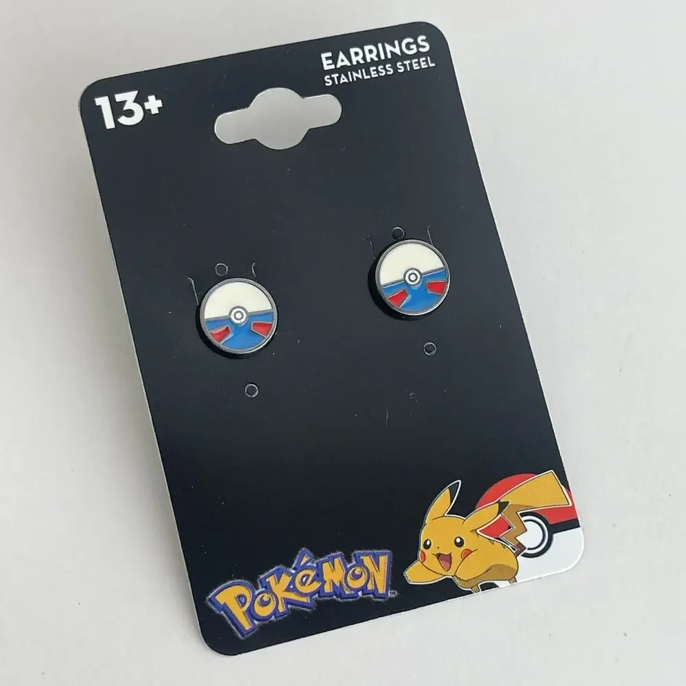 Pokemon Great Ball Stud Stainless Steel Earrings 1 Pair Blue White Ball Licensed